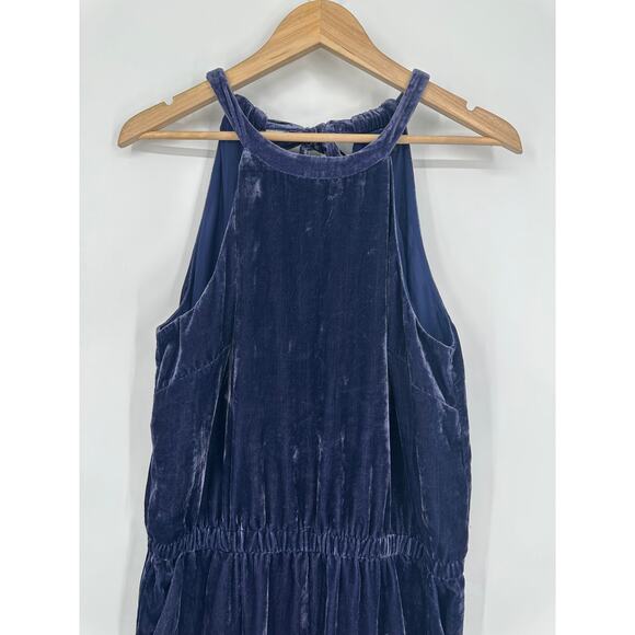 Ann Taylor LOFT Halter Crushed Velvet Jumpsuit Tie Back Straight Leg Blue Petite - Picture 5 of 13